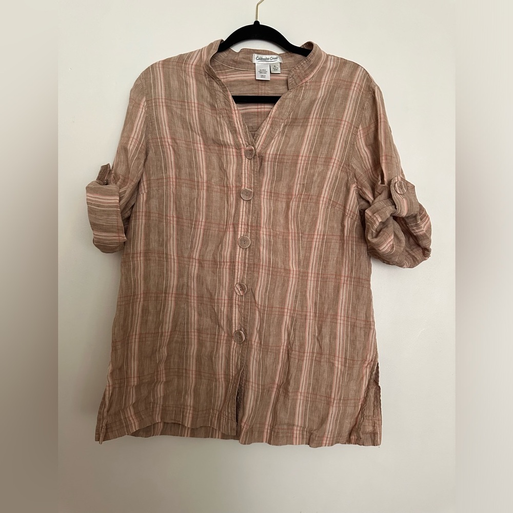 Coldwater Creek Women's Linen Striped Roll Tab Sleeve Blouse